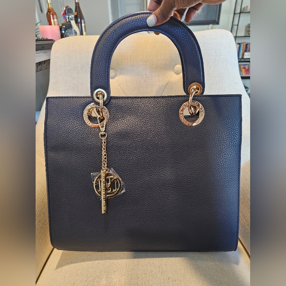 Badgley Mischka Vegan Leather Navy Blue Handle Tote Bag